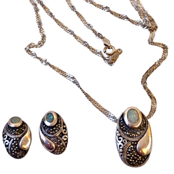 Vintage Sterling Silver 925 Maracite Necklace + Stud Earring Set OPALS - Picture 3 of 10